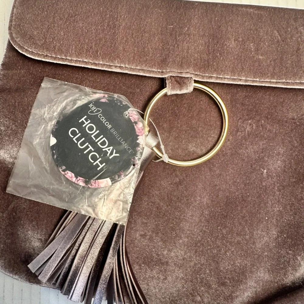 Ion‎ Color Brilliance Holiday Clutch Women Mauve Brown Velvet Tassel Ring Bag
